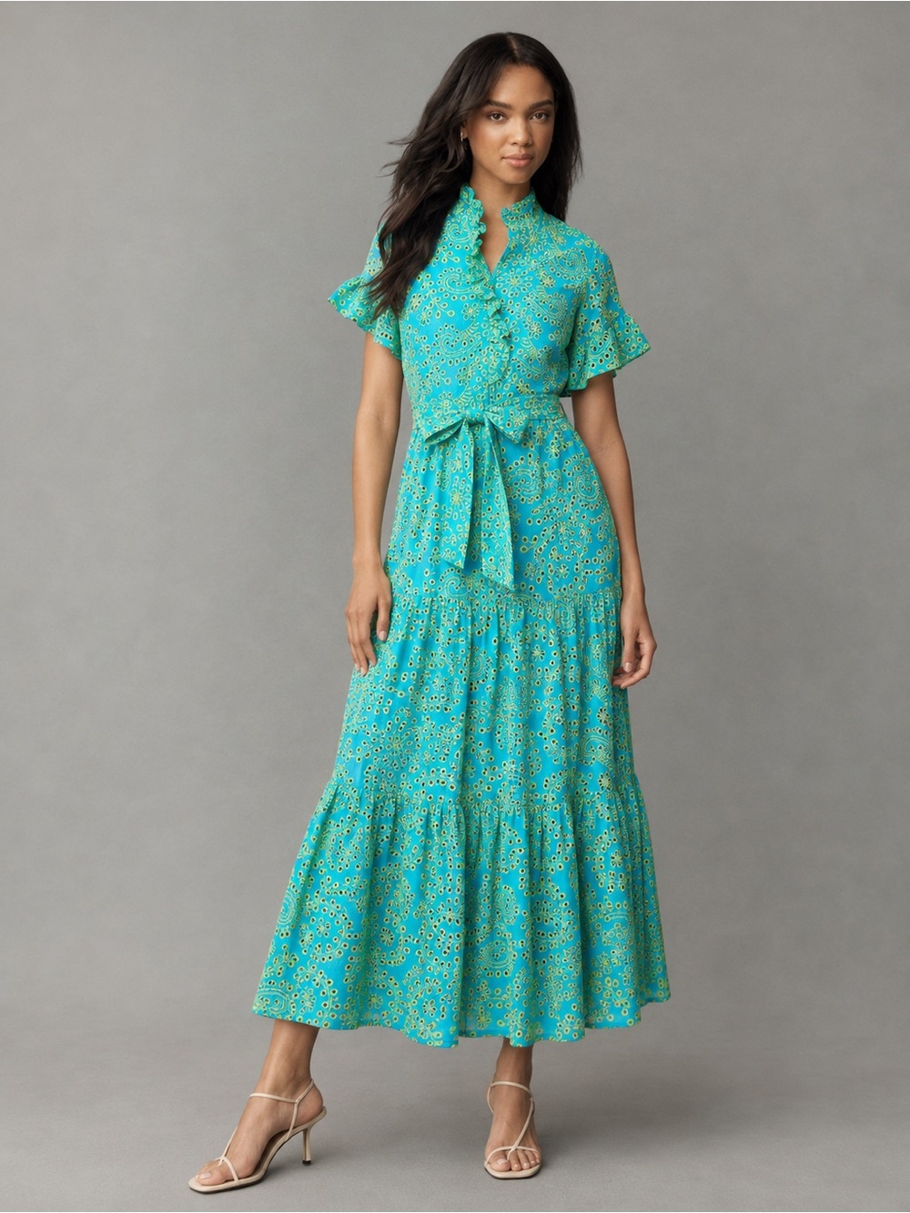 NWT Abbey Glass Sadie Maxi Dress Teal and Chartreuse Jasmine Eyelet Sz XL